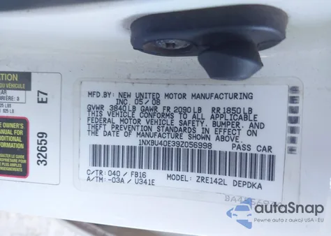 2009 Toyota Corolla Le из США, поврежденный, VIN 1NXBU40E39Z056998